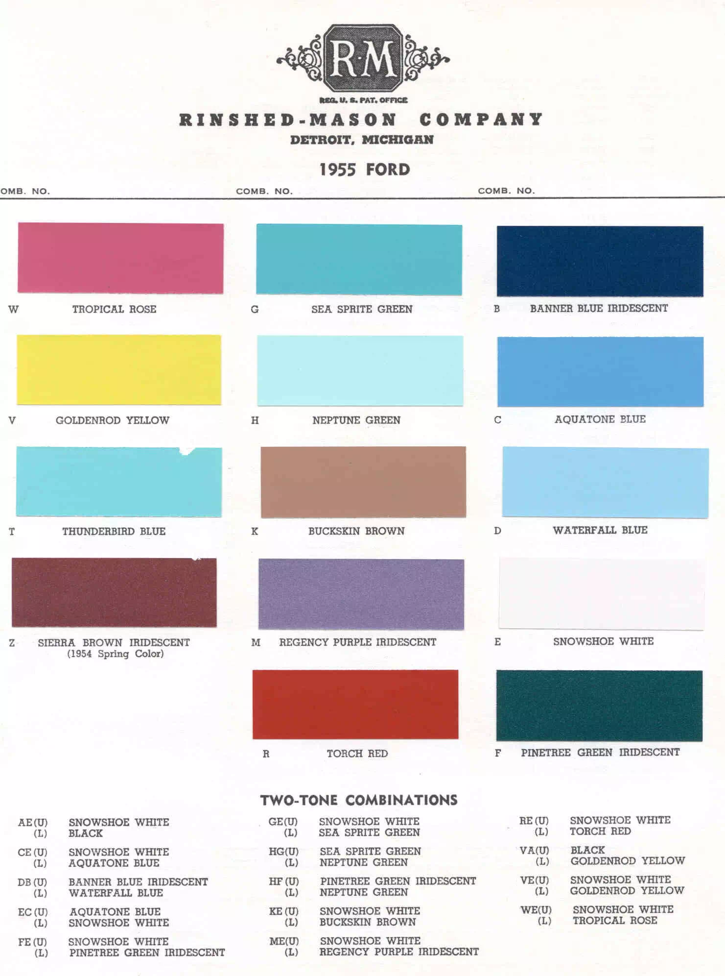 exterior colors, their codes, and example swatches used on the exterior of the vehicles in 1955