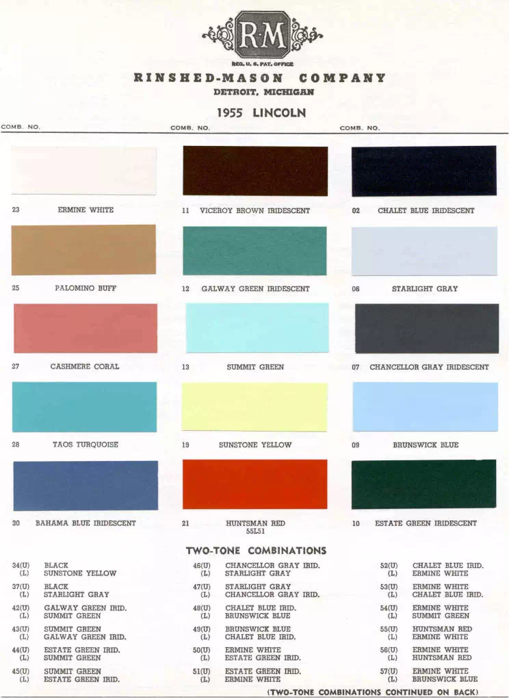 exterior colors, thier codes, and example swatches used on lincoln vehicles in 1955
