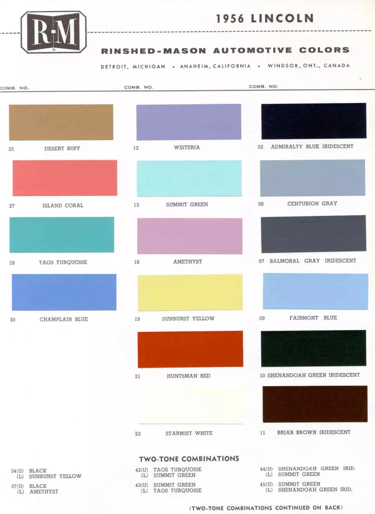 exterior colors, their codes, and example swatches used on lincoln vehicles in 1956
