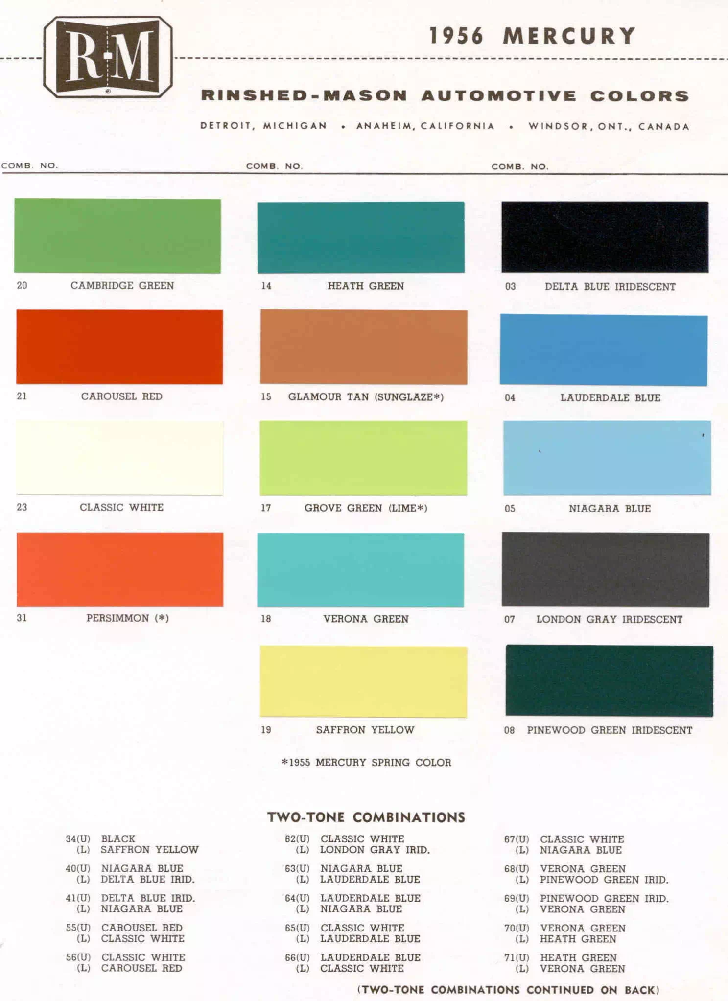 exterior colors, their codes, and example swatches used on the exterior of the vehicles in 1956
