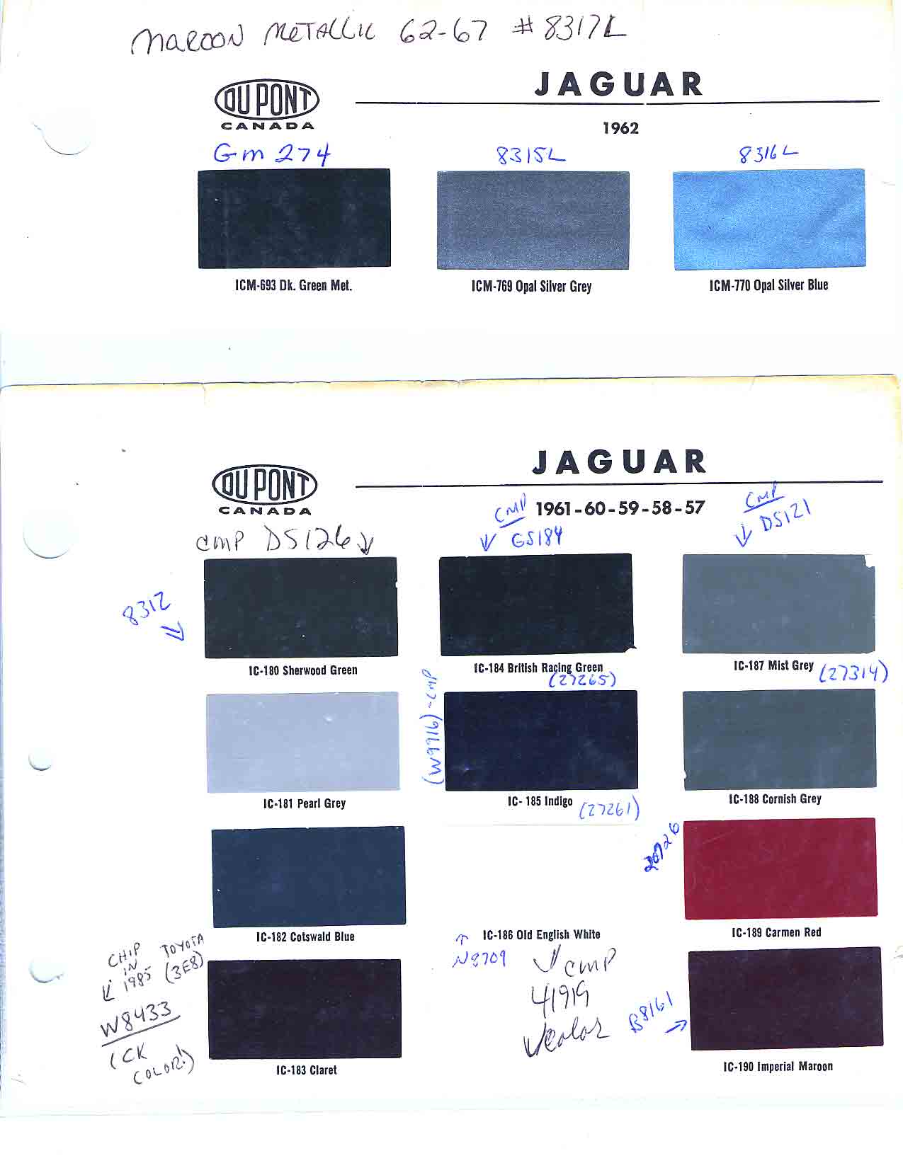 Picture showing exterior car colors for the years 1957,1958,1959,1960,1961,1962