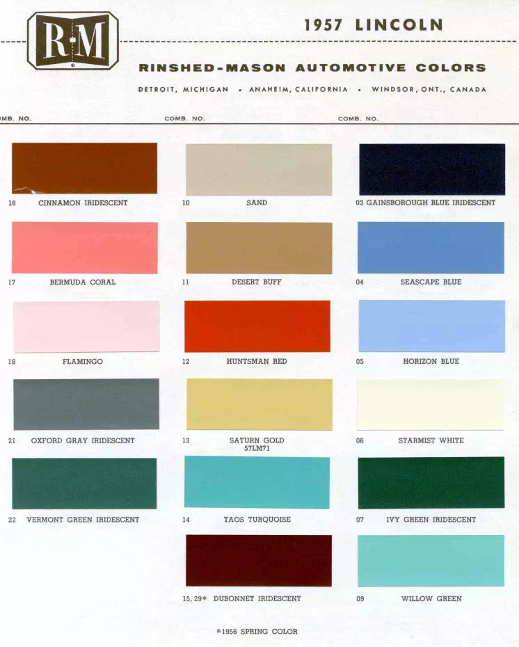 exterior colors, their codes, and example swatches used on lincoln vehicles in 1957