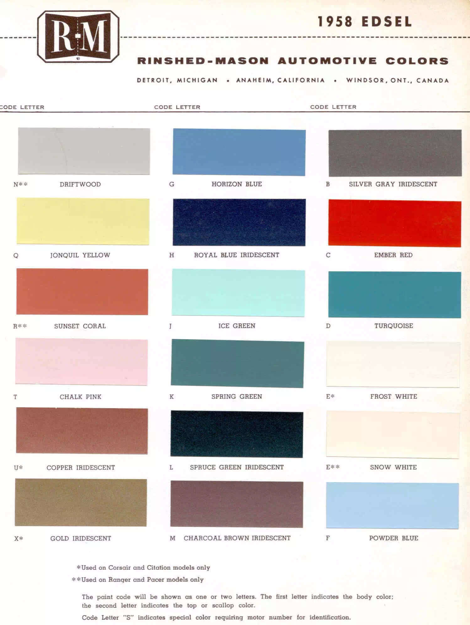 exterior colors, their codes, and example swatches used on the exterior of the vehicles in 1958