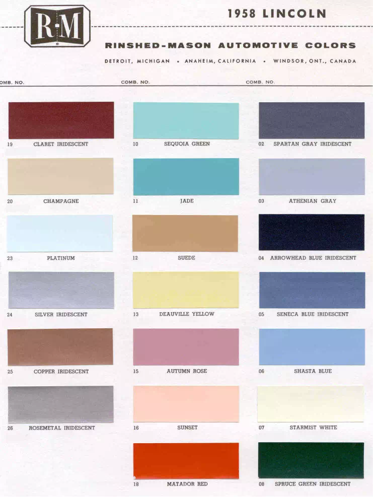 exterior colors, their codes, and example swatches used on lincoln vehicles in 1958