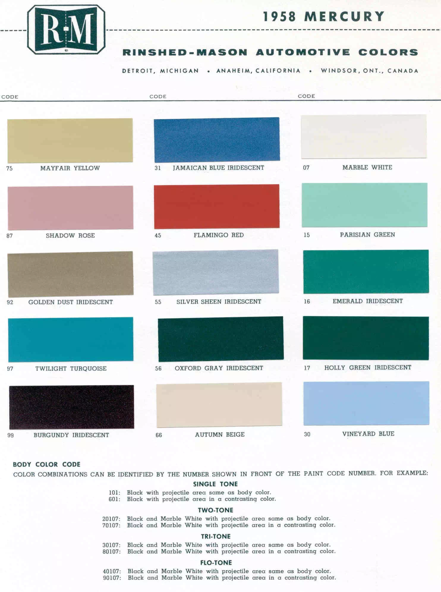 exterior colors, their codes, and example swatches used on the exterior of the vehicles in 1958