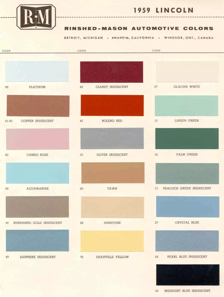 exterior colors, their codes, and example swatches used on  vehicles in 1959