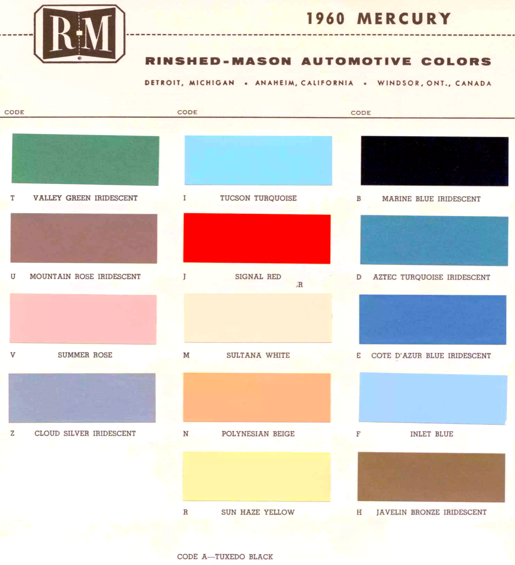 Color examples, Ordering Codes, OEM Paint Code, Color Swatches, and Color Names for the Ford Motor Company in 1960