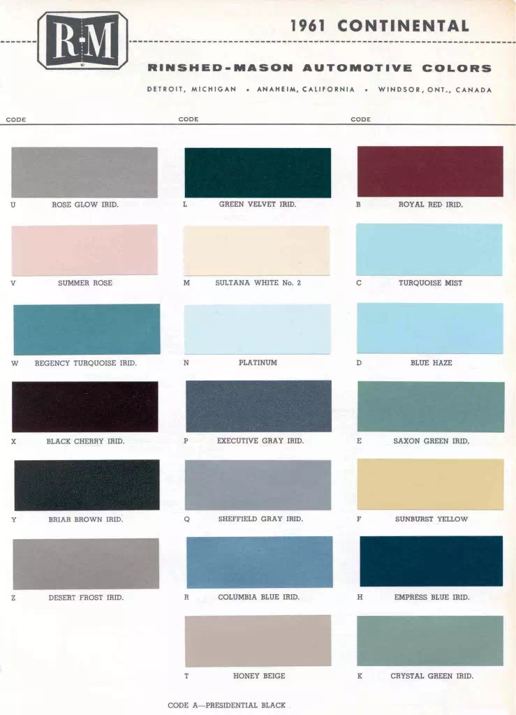 Color examples, Ordering Codes, OEM Paint Code, Color Swatches, and Color Names for the Ford Motor Company in 1961