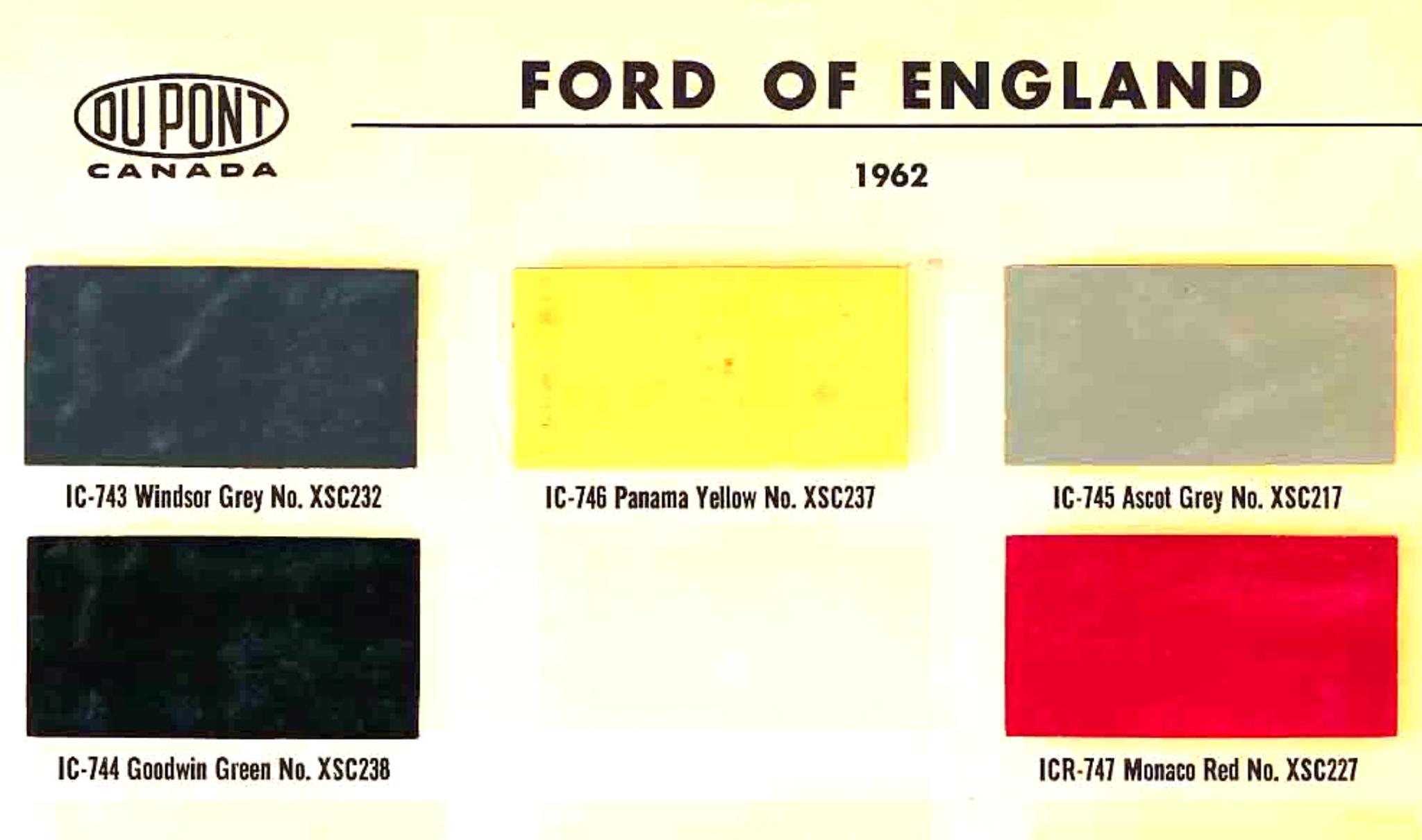 Color examples, Ordering Codes, OEM Paint Code, Color Swatches, and Color Names for the Ford Motor Company in 1962