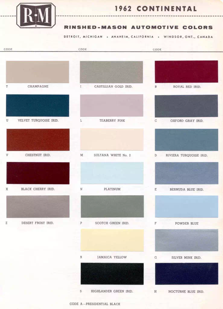 Color examples, Ordering Codes, OEM Paint Code, Color Swatches, and Color Names for the Ford Motor Company in 1962