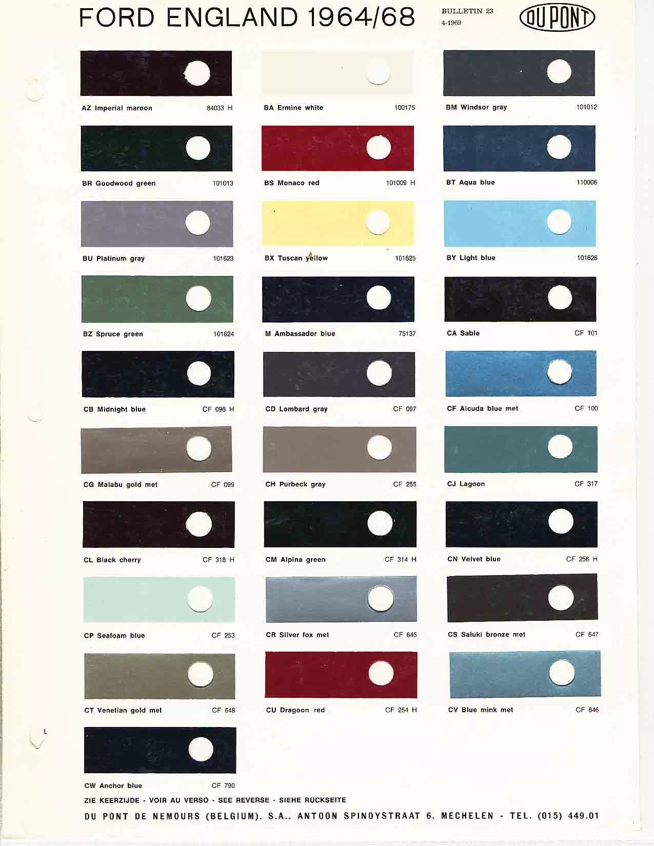 Color examples, Ordering Codes, OEM Paint Code, Color Swatches, and Color Names for the Ford Motor Company in 1964
