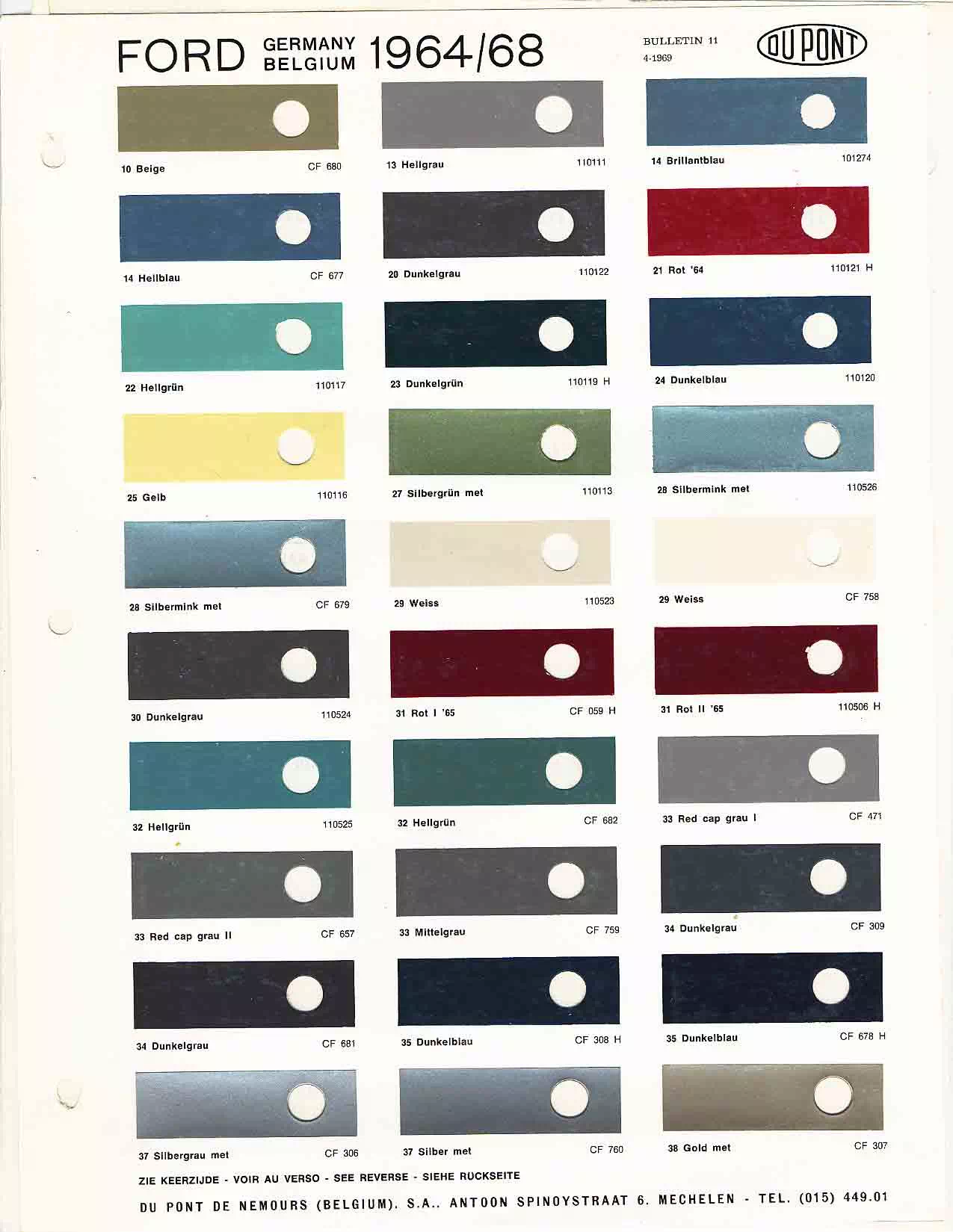 Color examples, Ordering Codes, OEM Paint Code, Color Swatches, and Color Names for the Ford Motor Company in 1964