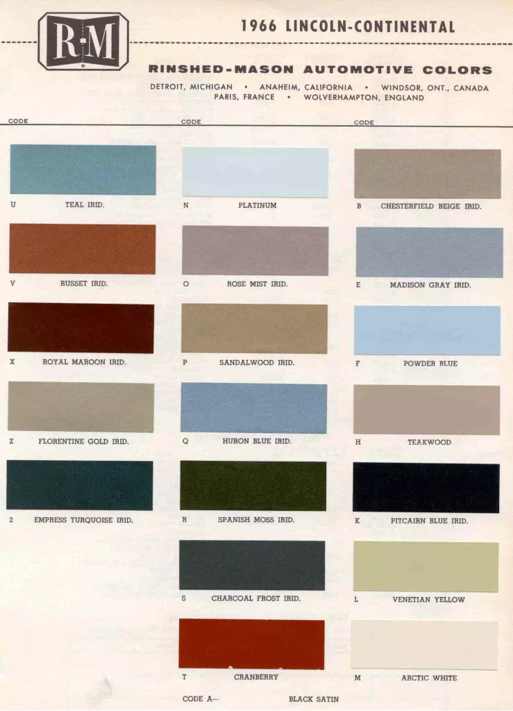 Color examples, Ordering Codes, OEM Paint Code, Color Swatches, and Color Names for the Ford Motor Company in 1966