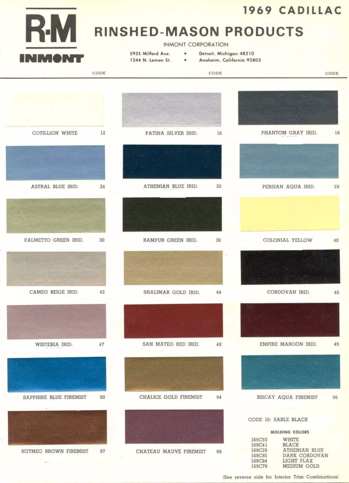 1969 General Motors GM Paint Codes and color examples