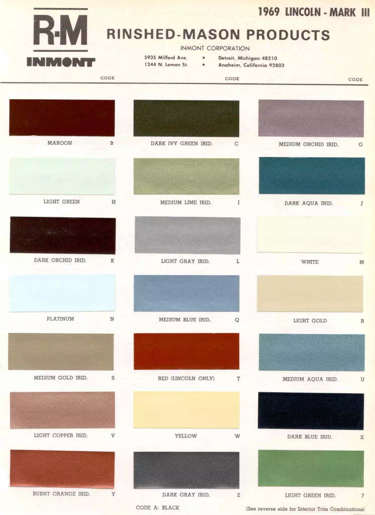 Color examples, Ordering Codes, OEM Paint Code, Color Swatches, and Color Names for the Ford Motor Company in 1969
