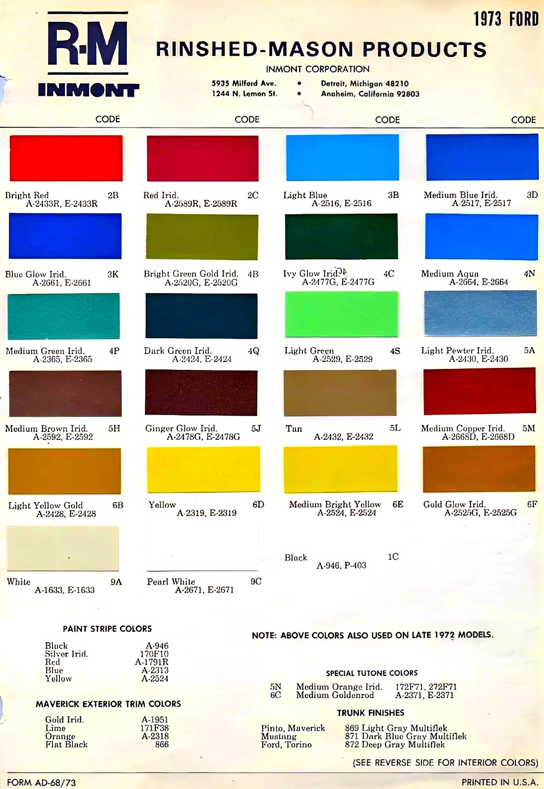 Paint swatch examples, paint codes, mixing stock numbers for 1973 Ford Motor Company automobiles