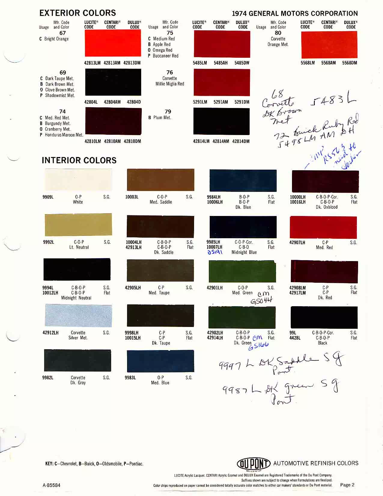 Colors, Descriptions, Codes, and Paint Swatches for General Motors Vehicles in 1974