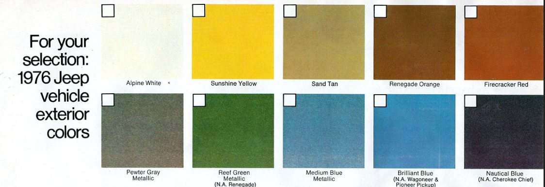 Jeep Paint Codes and Color Chart used for 1979