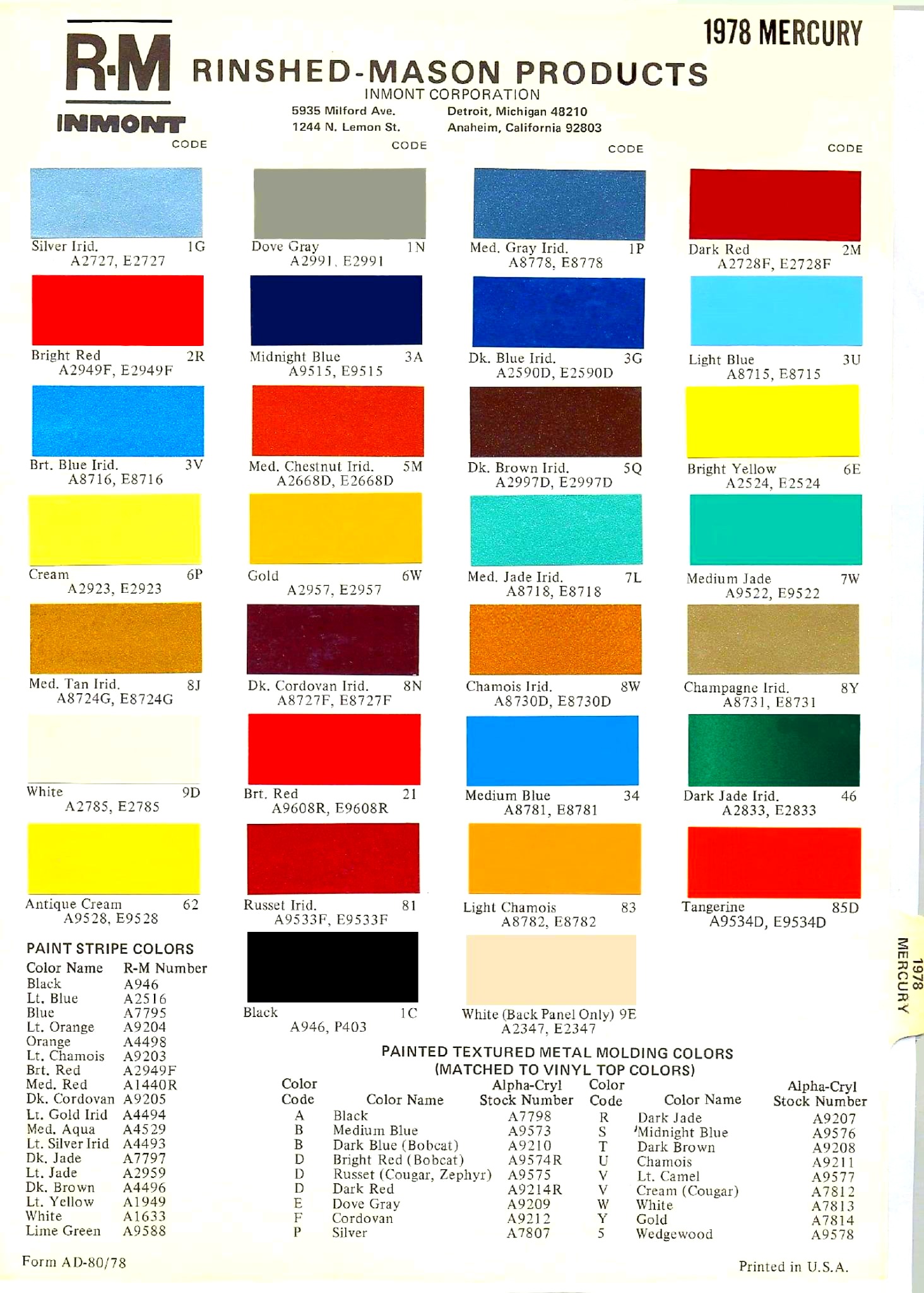 colors, codes and mixing stock numbers for 1978 mercury vehicle paint colors