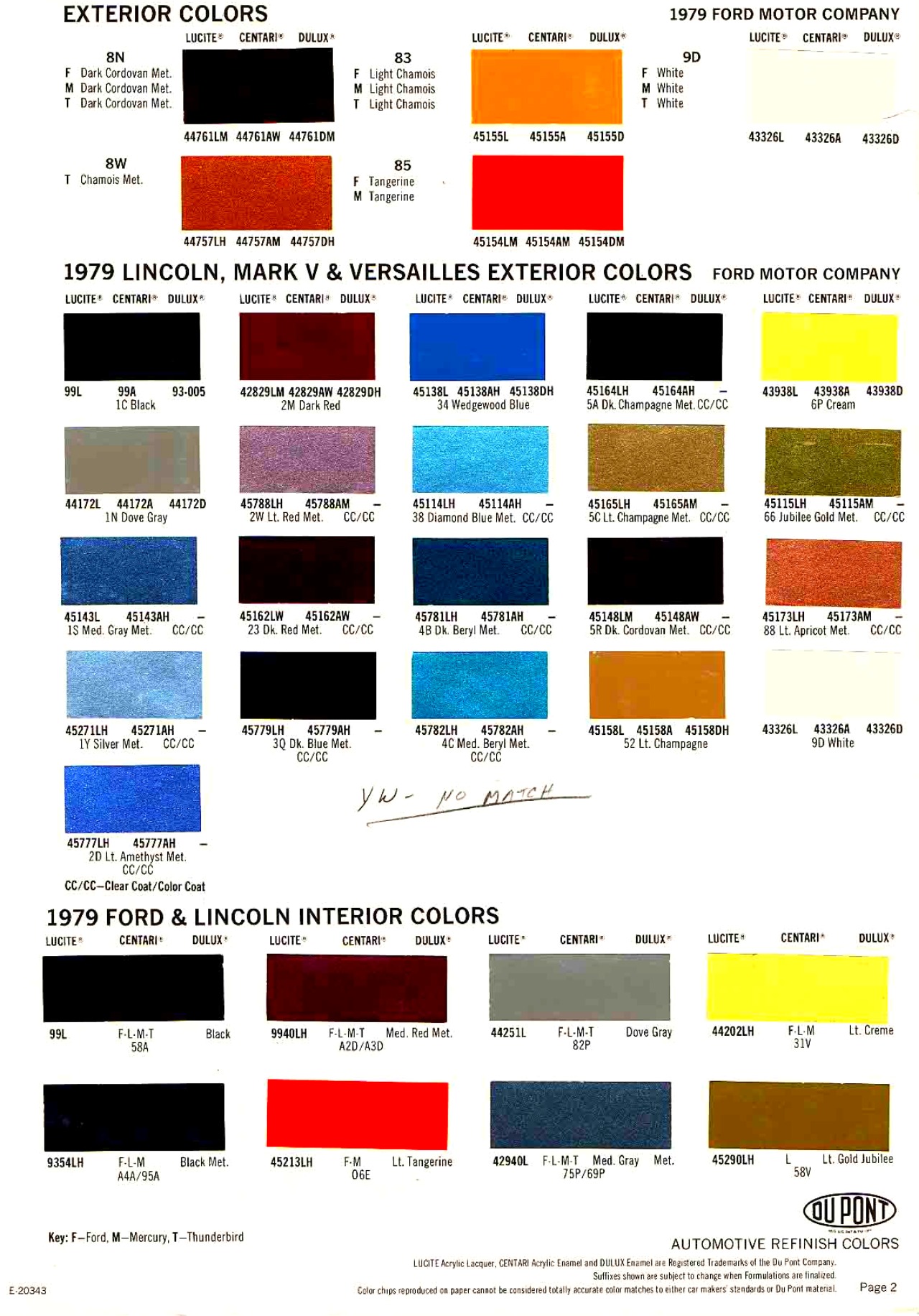 1979 Ford Motor Company paint codes, color swatches, and mixing stock numbers for repair of the vehicles