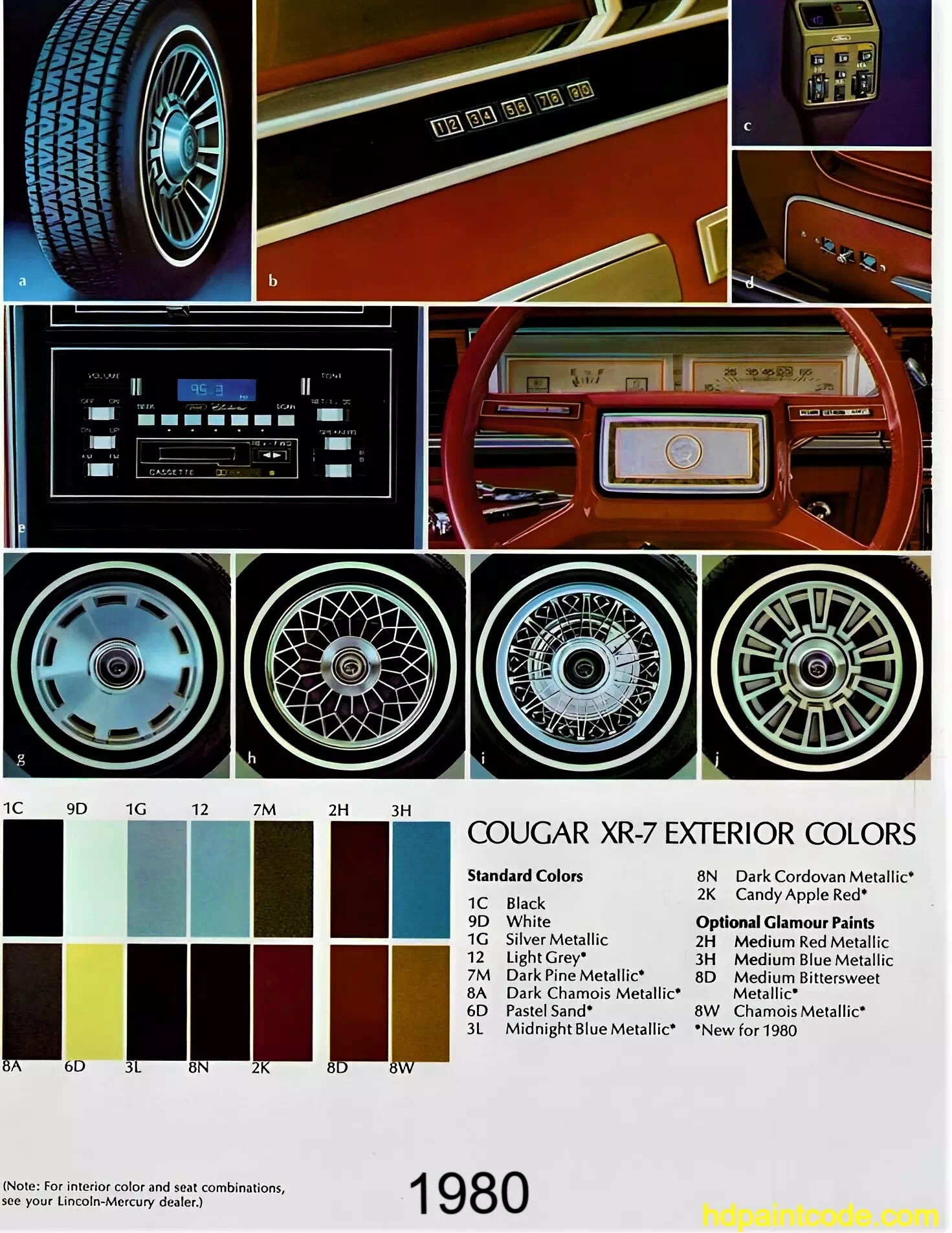 Paint codes, Exterior Colors, and Vehicle Rims used on the 1980 Mercury Cougar XR7 automobiles