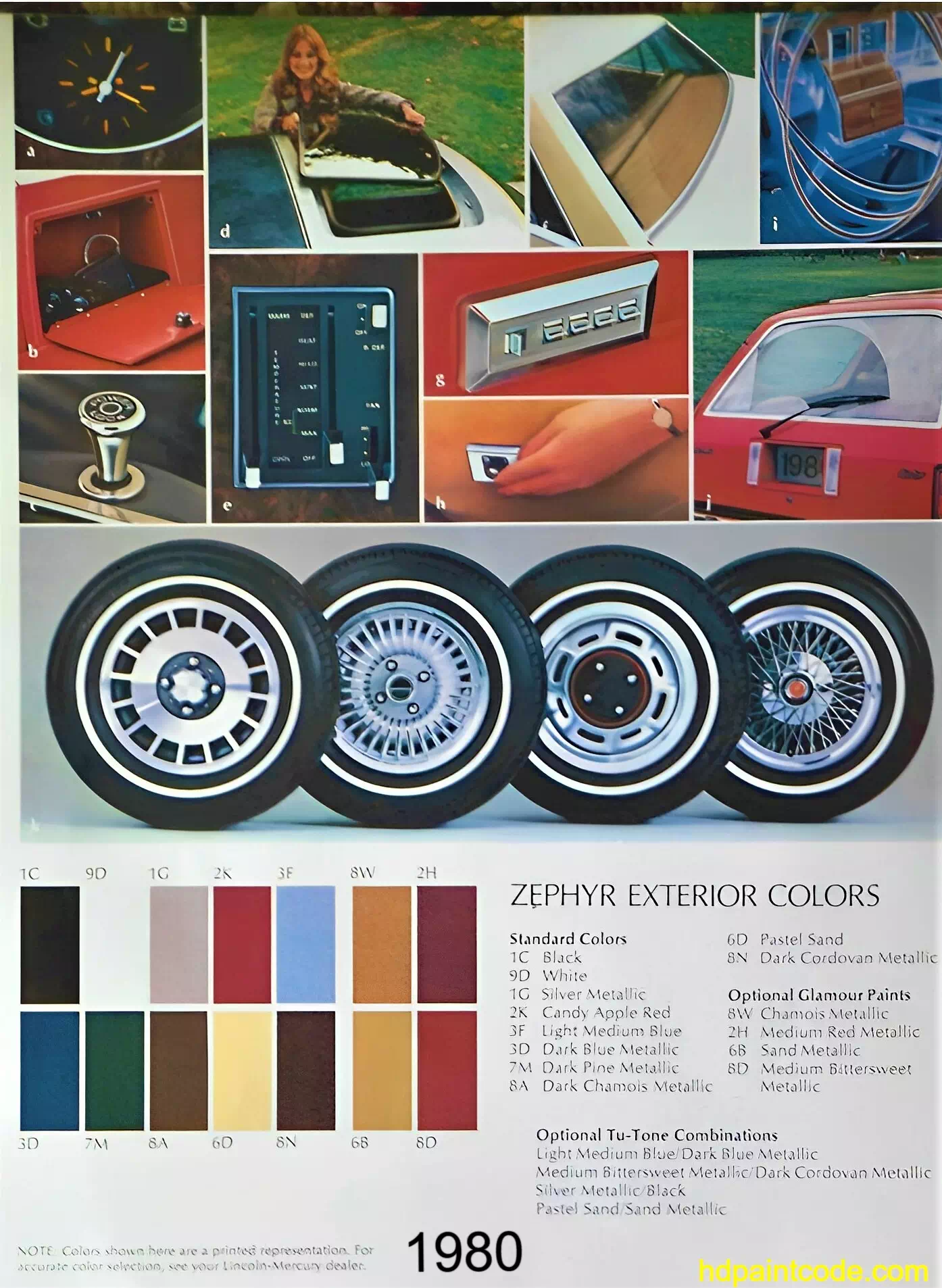 A photo showing the exterior paint codes, colors and tire rim design on the 1980 Mercury Zephyr automobile 