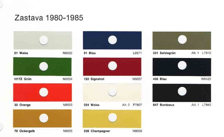 Exterior Colors and their paint codes used on Yugo in 1980 to 1985