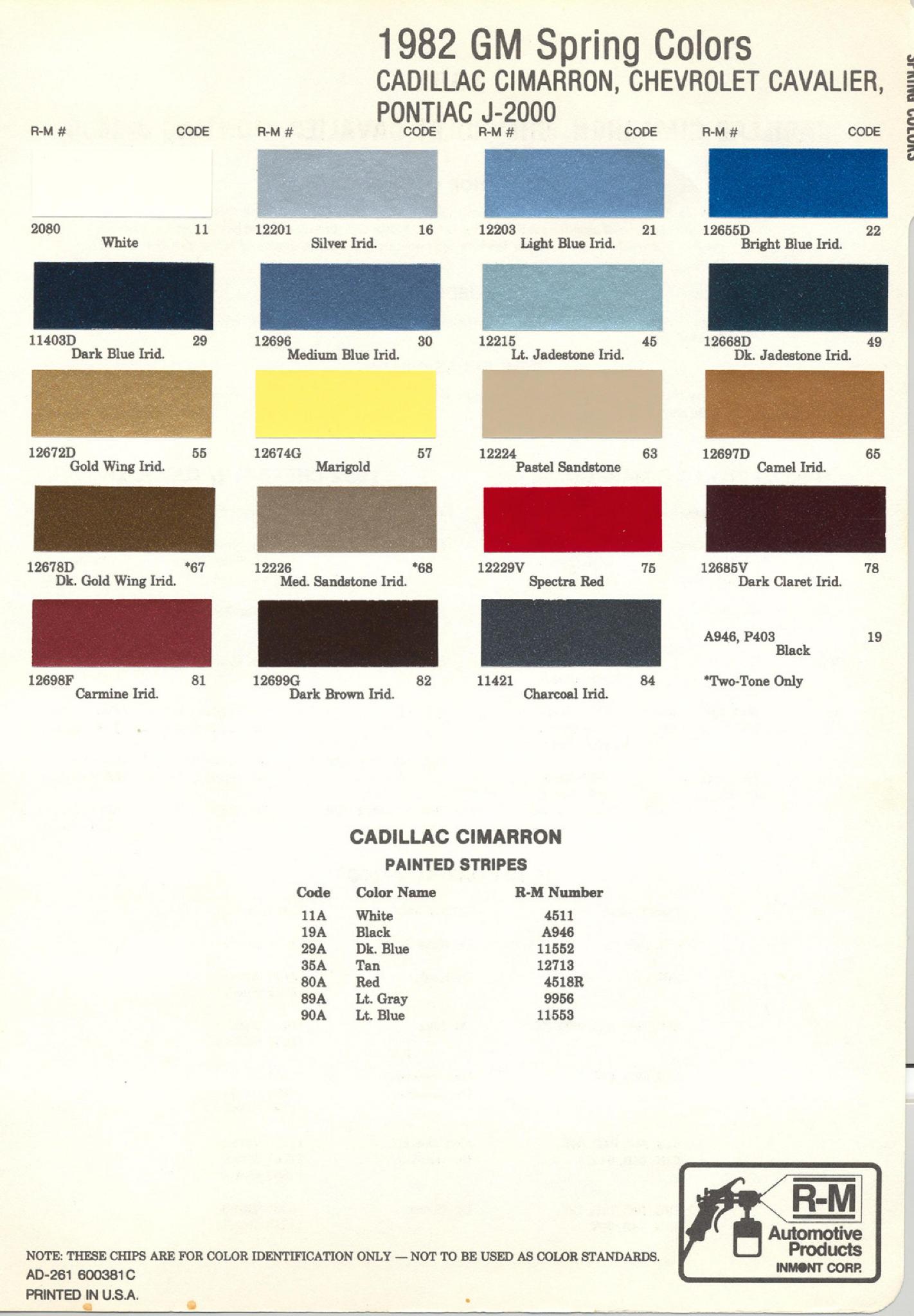 Exterior Colors and Codes used on Cimarron, Cavalier and j-2000 Vehicles