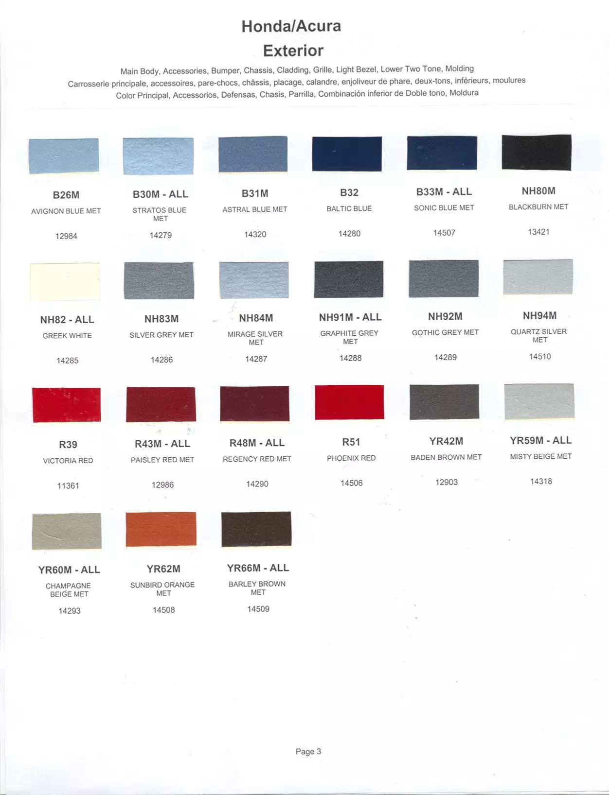 Exterior paint chips and their ordering codes for Honda  Vehicles