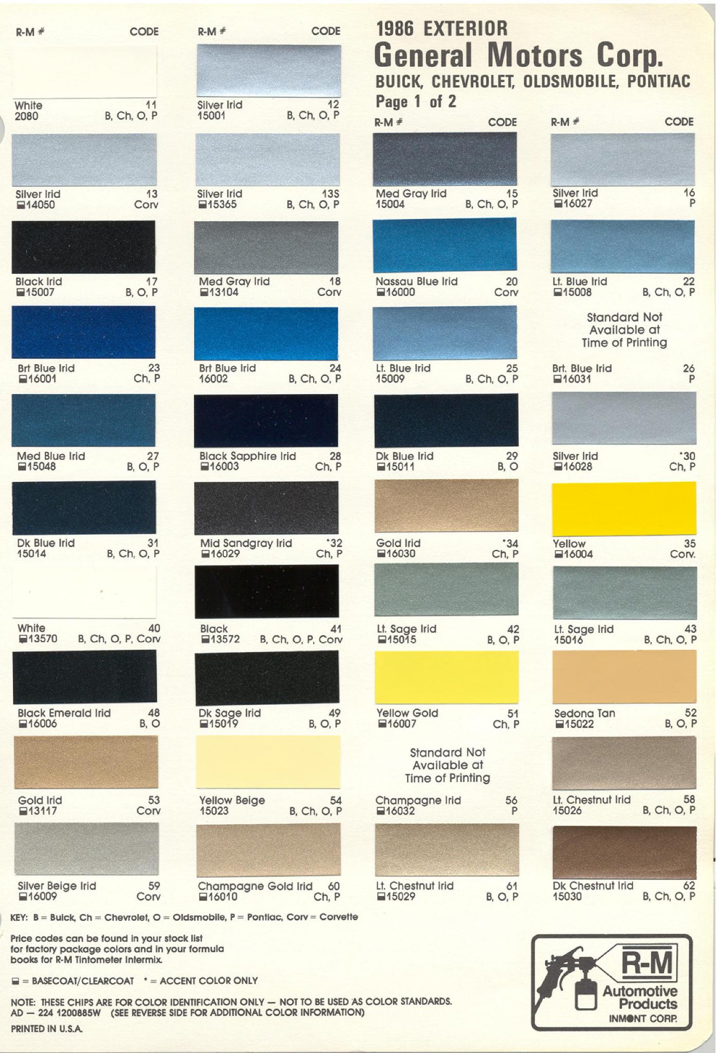 General Motors oem paint swatches, color codes and color names for 1986 vehicles.