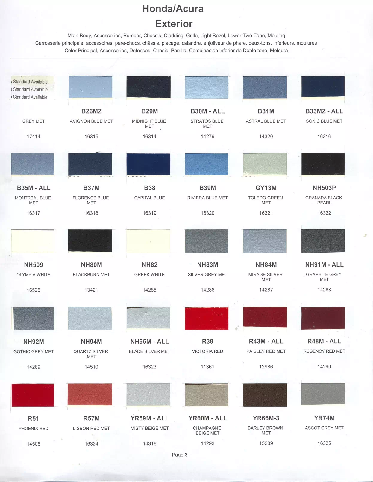 Exterior paint chips and their ordering codes for Honda and Acura  Vehicles