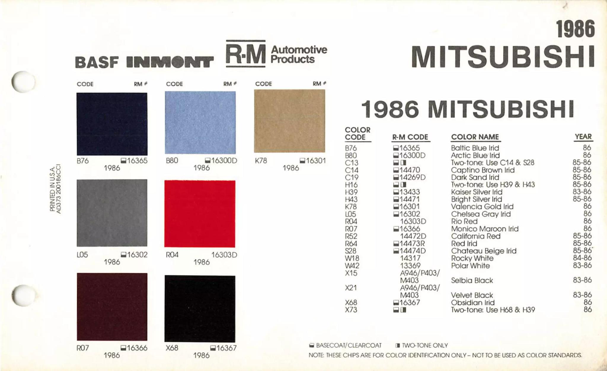 A paint code chart displaying various color swatches and corresponding codes. This chart is used to identify and select specific paint colors for mixing paint and or buying paint for your Mitsubishi vehicle. There are only so many paints used every year. This chart helps you decide what color it is.  