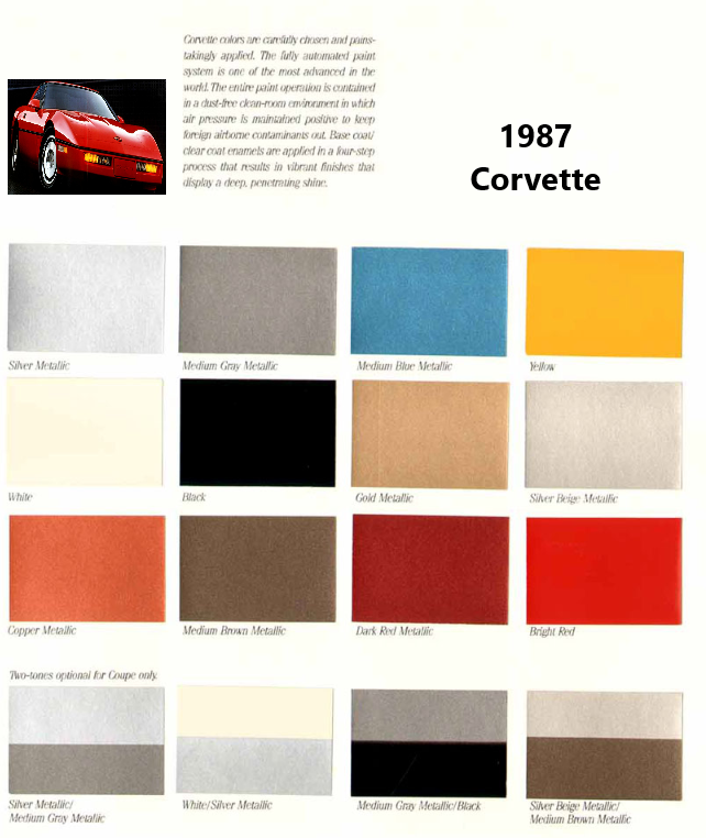 exterior colors and 2 tone combos for corvette vehicles in 1987