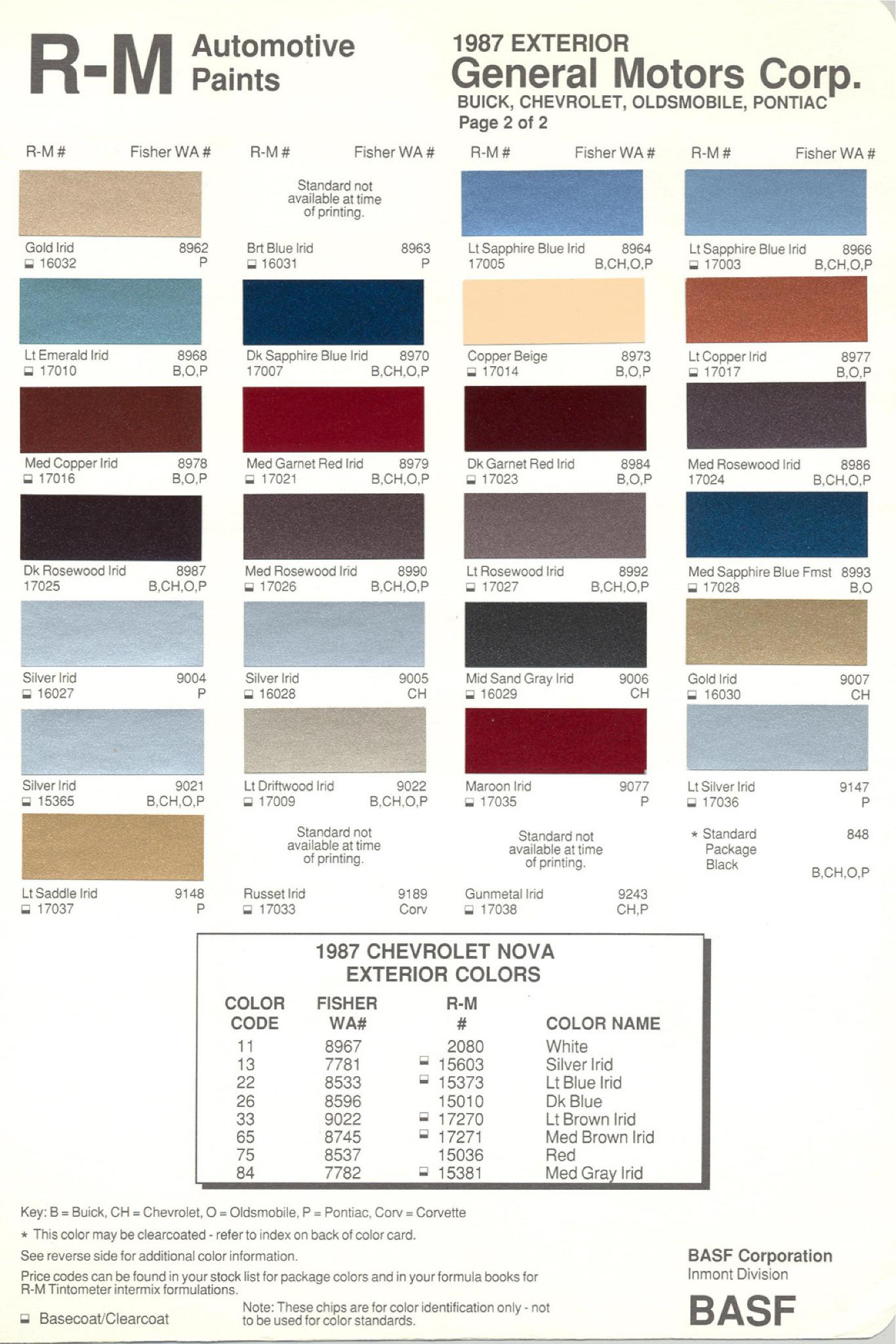 General Motors oem paint swatches, color codes and color names for 1987 vehicles.