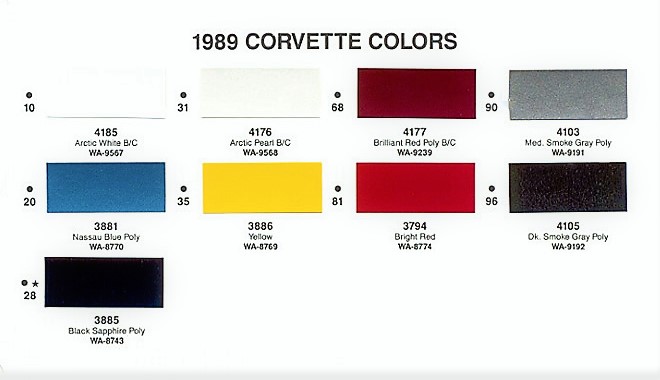 Exterior Color examples and their codes used on Corvette Vehicles in 1989