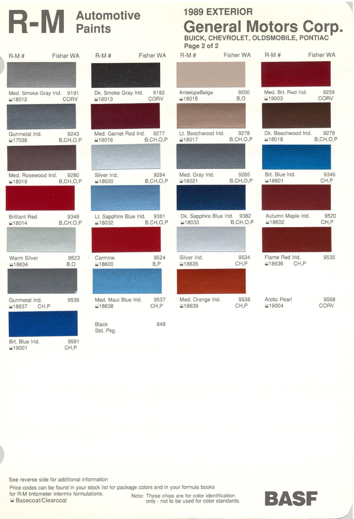 General Motors oem paint swatches, color codes and color names for 1989 vehicles.