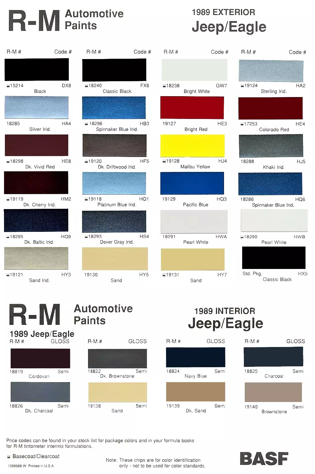 oem color codes, color examples, and mixing stock numbers for exterior and interior jeep and eagle vehicles made in 1989