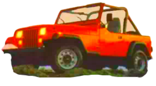 A jeep wrangler vehicle painted in red sitting on a hill with a transparent background