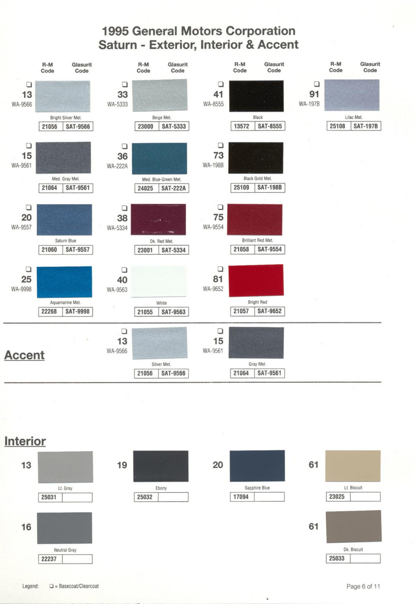 Exterior Color Codes and Color Examples for Saturn