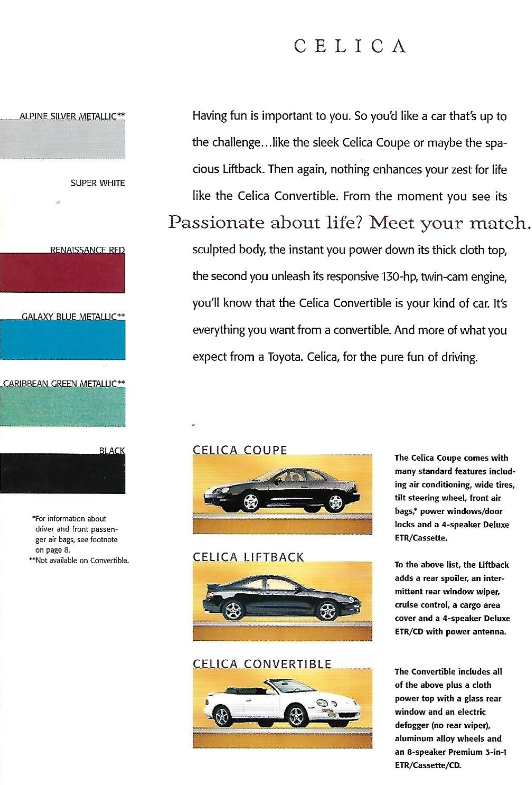 exterior  colors and vehicle examples of the 1998 Toyota