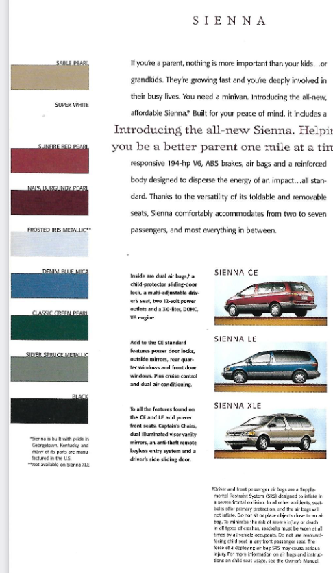 exterior  colors and vehicle examples of the 1998 Toyota