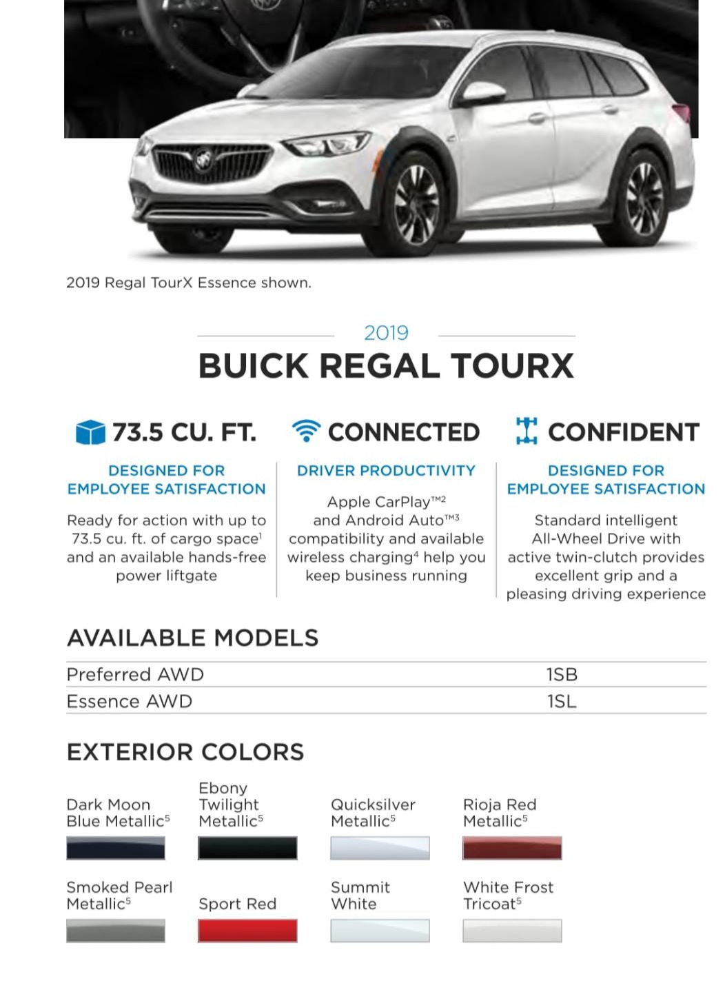 A photo showing the 8 different colors the 2019 Buick Regal Tourx used.