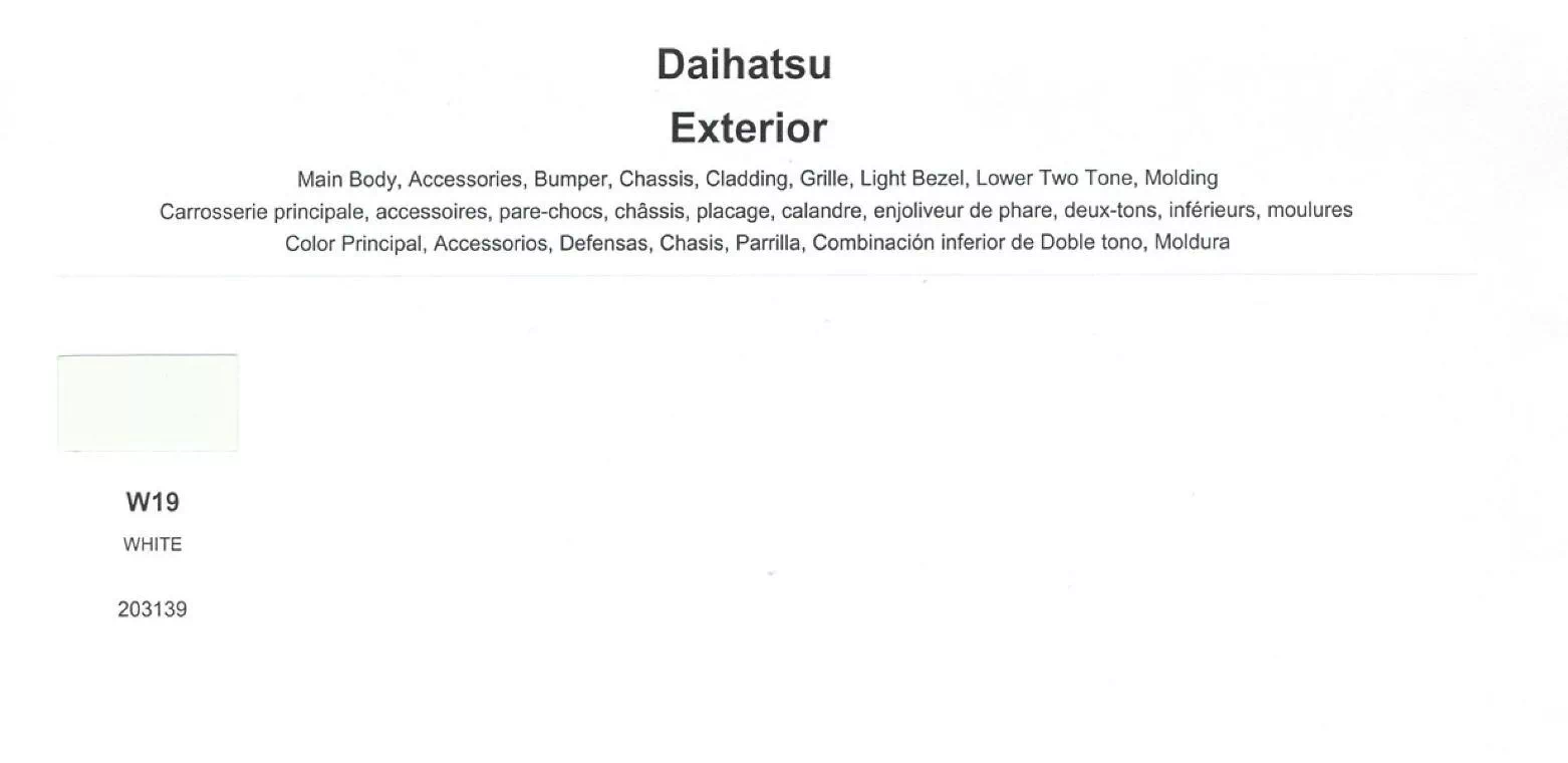 a photo showing Daihatsu exterior vehicle colors, their ordering codes, and their mixing stock numbers