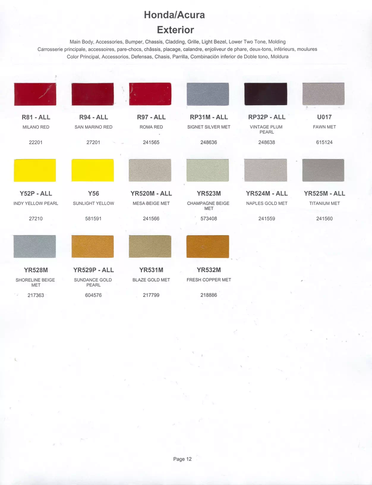Exterior paint chips and their ordering codes for Honda and Acura Vehicles
