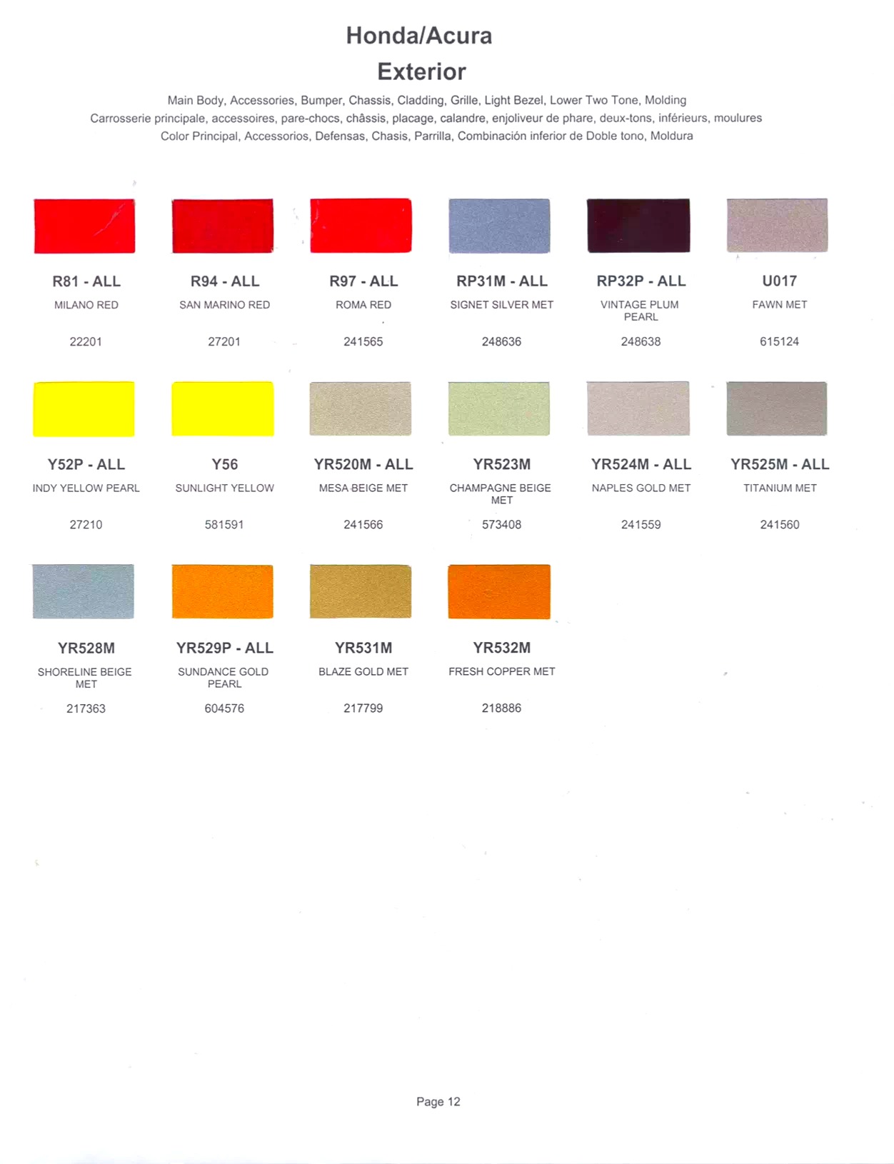 Color swatches for 2001 Honda and Acura Vehicles
