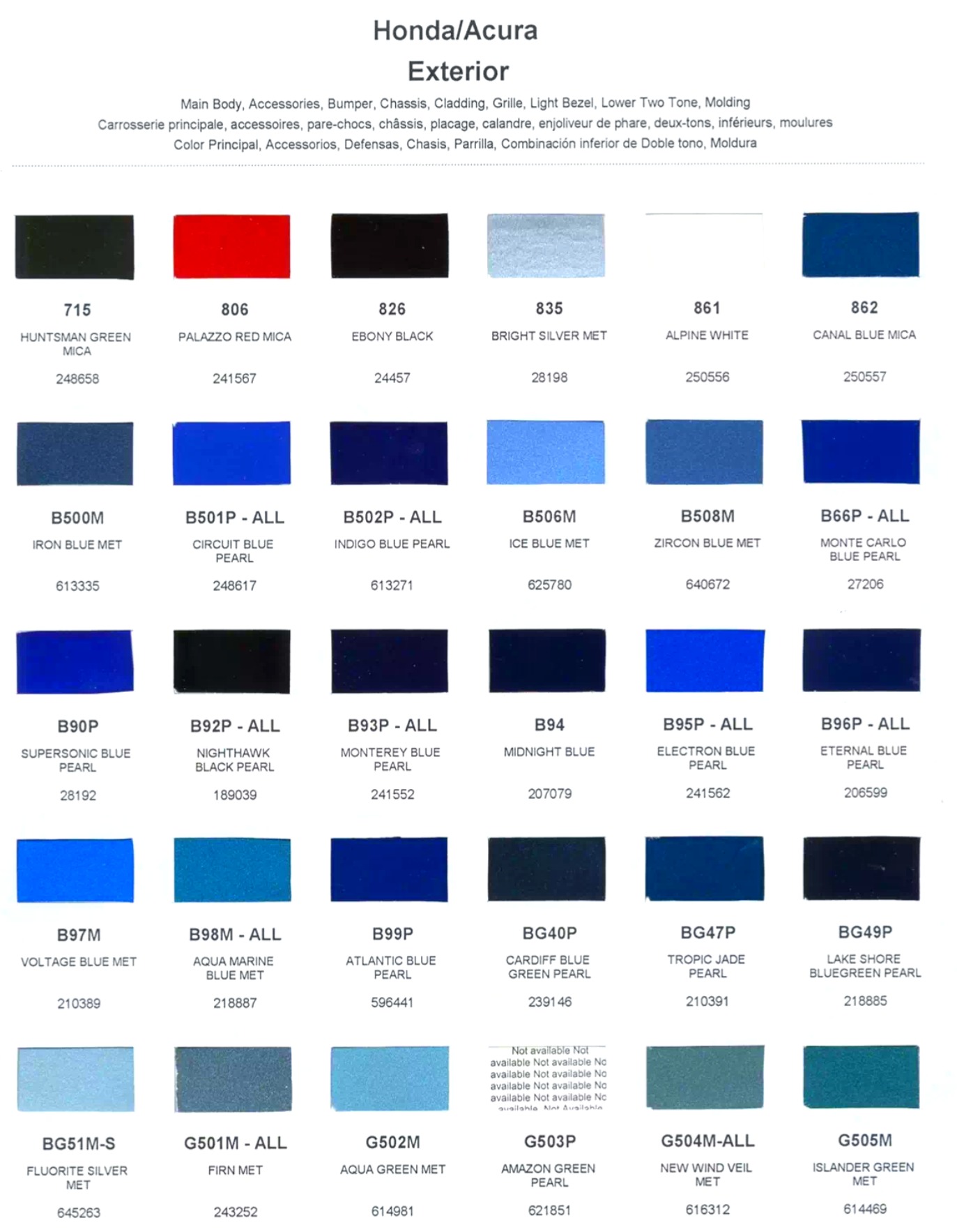 color swatches and codes for Honda and Acura Vehicles