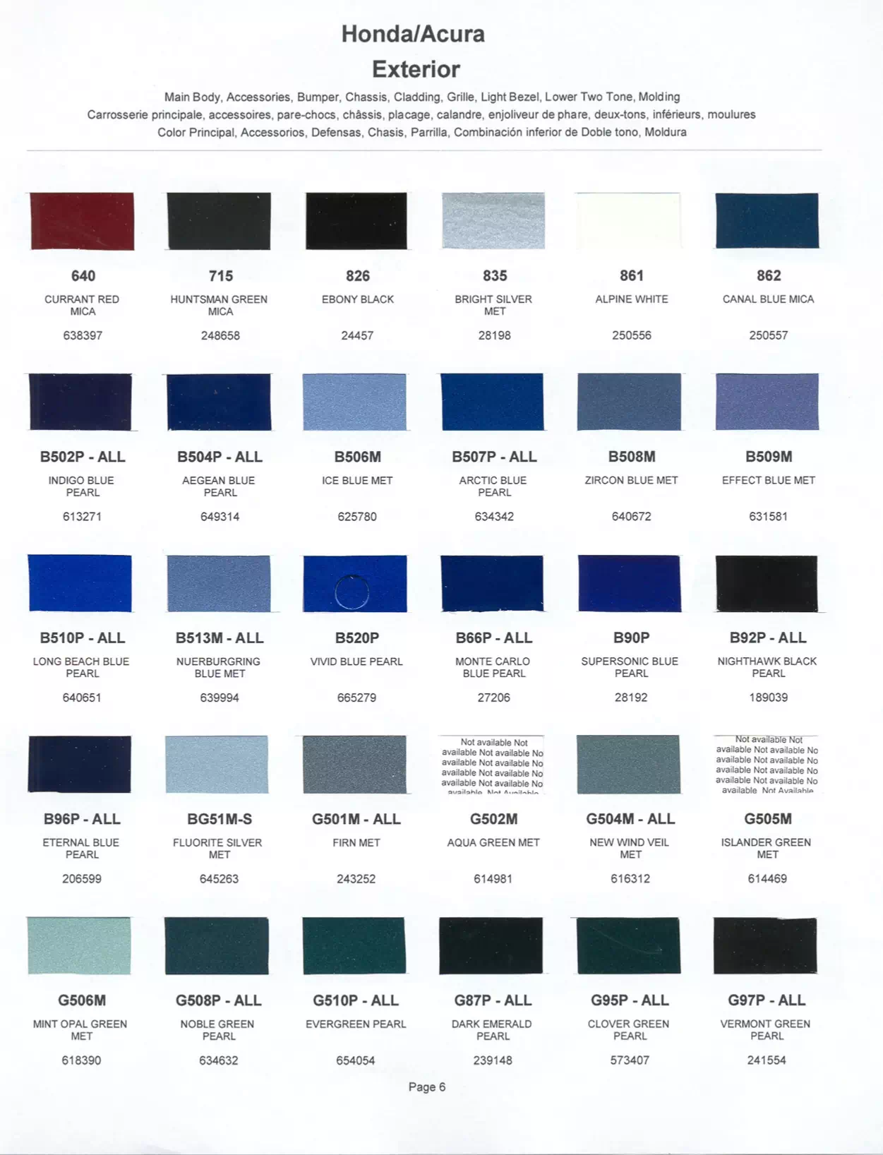Color Swatches of Honda vehicles.