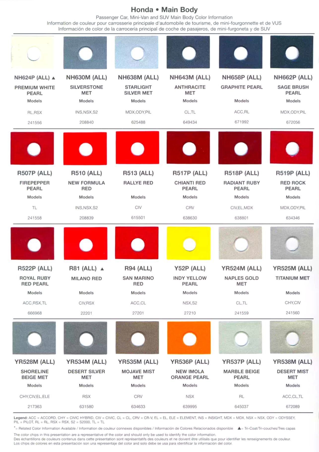 Color Swatches of Honda vehicles.