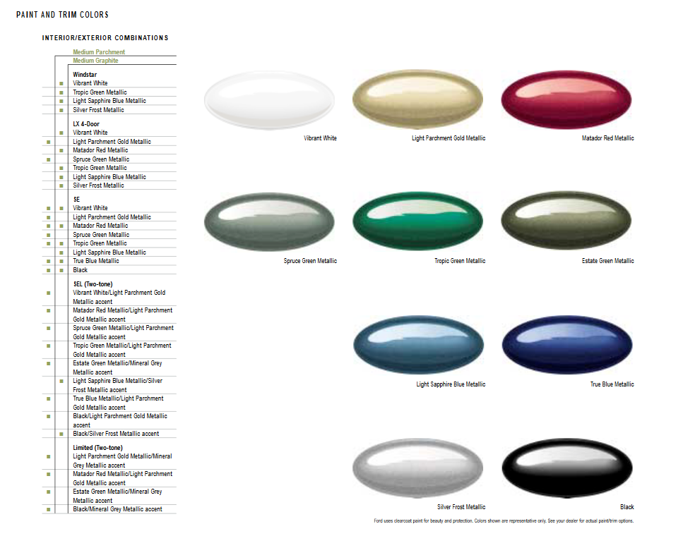 an image showing what the Ford Windstar minivan vehicle colors came in.