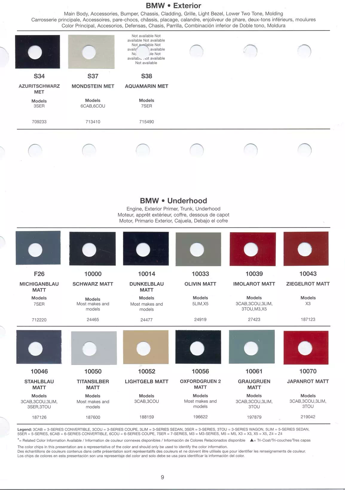 paint charts for main body, underhood and accent colors for 2005 bmw vehicles